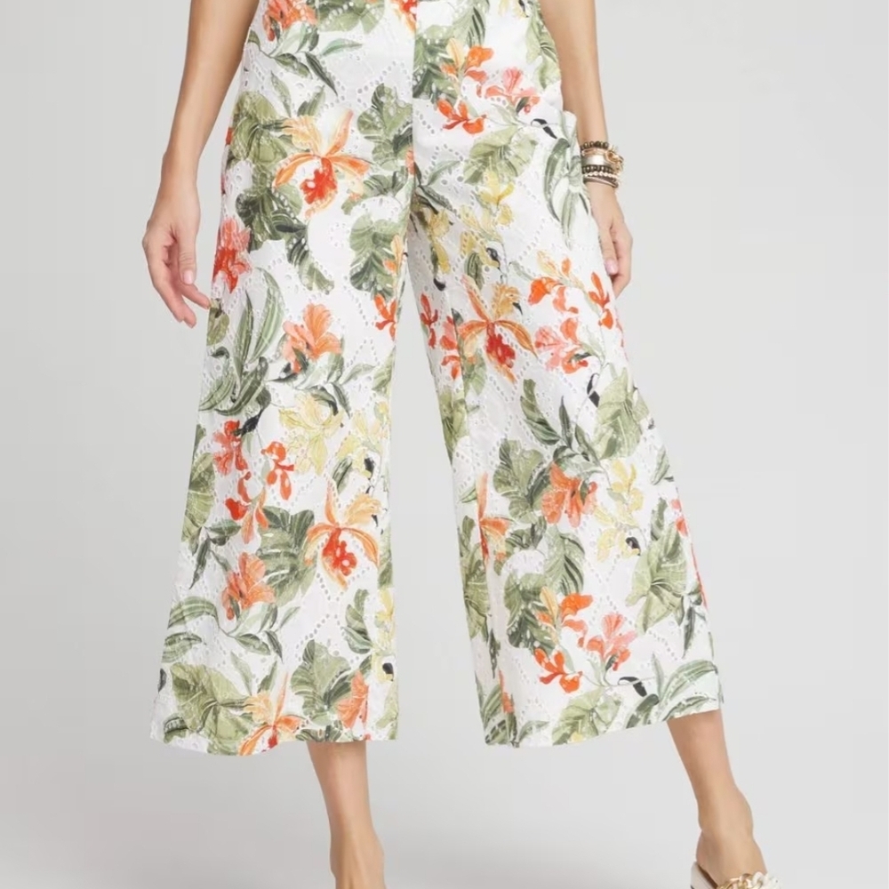 Chico's White Wide-Leg Floral Eyelet Pants with Green and Orange Print